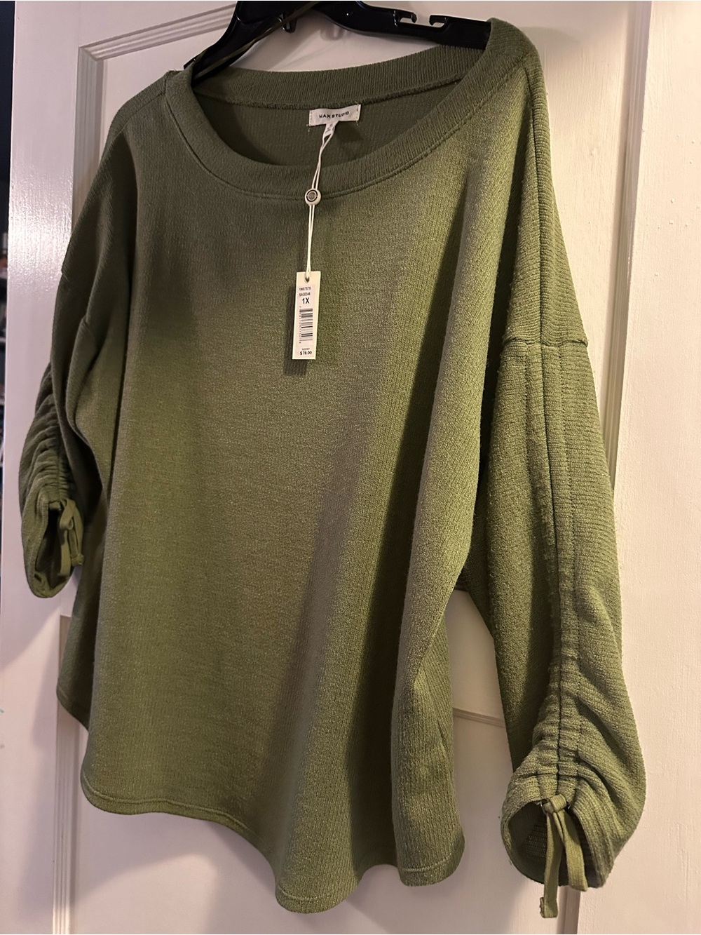 Max Studio Olive Green Ruched-Sleeve Knit Top